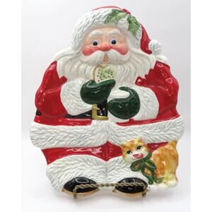 Fitz & Floyd Classics Santa Platter with Cat Ceramic Christmas Cookie Plate Tray